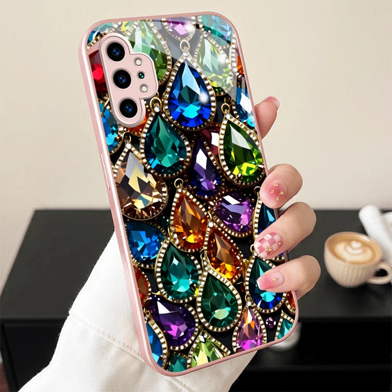 Colorful Teardrop Gem Pink Metallic Glass Phone Case For Samsung Galaxy S26 S25 S24 S23 Ultra Plus FE S8 S9 S10 Note8 9 10 Cover