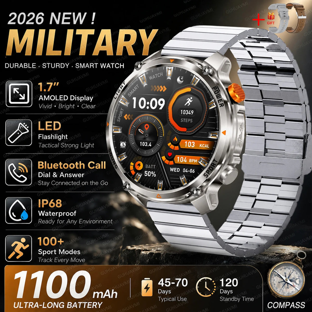 New Men Outdoor Military 1100mAh Large Battery Smart Watch Compass GPS Track IP68 Waterproof LED Flashlight BT Call Smartwatch