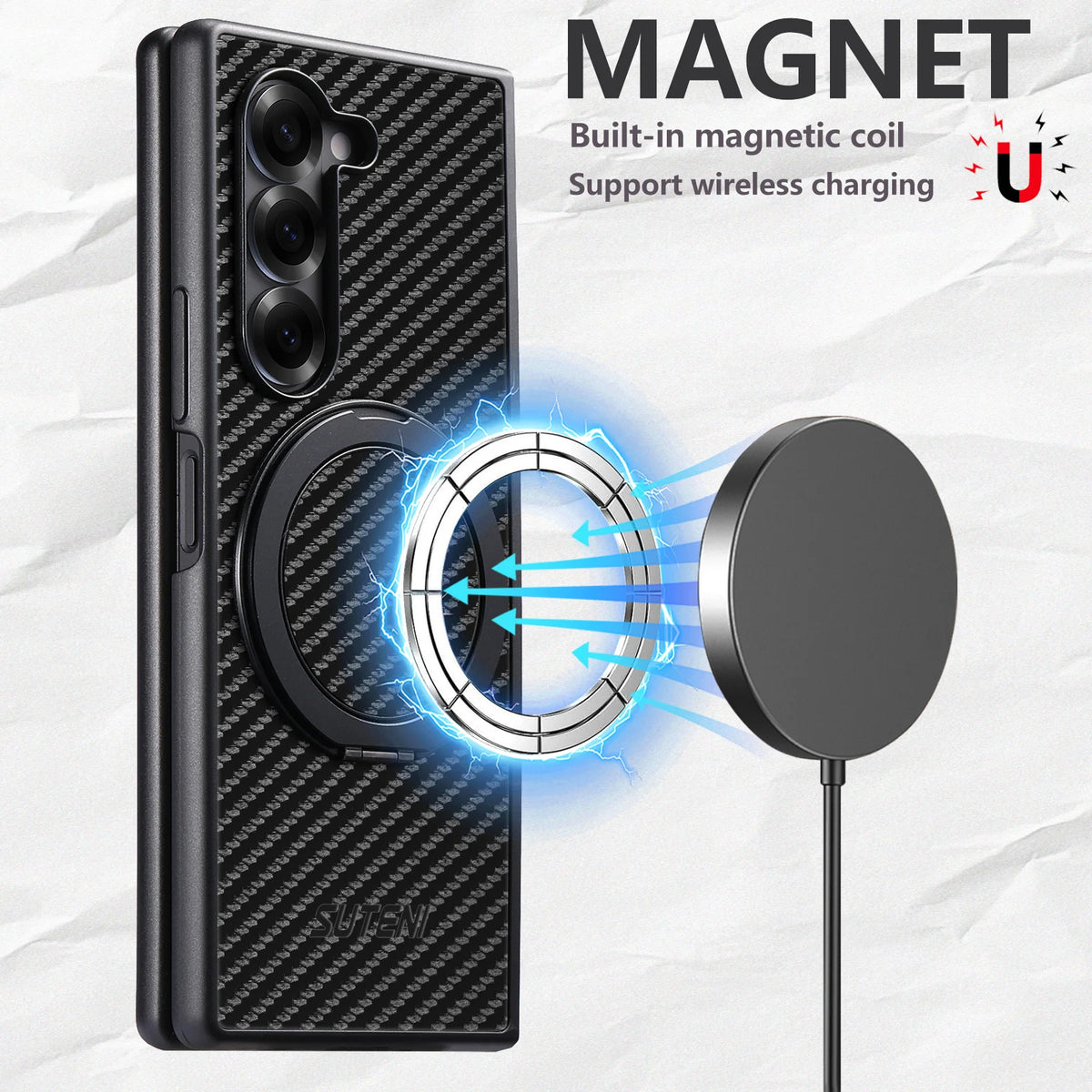 Mobile Phone Case Magnet Wireless Charging 360° Rotating Stand Faux Leather Ring Buckle For Samsung Galaxy Z Fold 8 Ultra 7 6 5