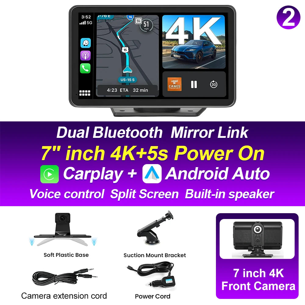 XIMA 7 inch Dash Cam 4K Car DVR Wireless Carplay Android Auto GPS Navigation Video Recorder Dashboard Dual Lens Reversing