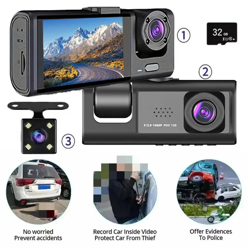 Dash Cam W/ IR Night Vision Loop Recording & 2" IPS Screen 1080P 3 Camera , DVR recorder, video recorder, Vehicle DVR