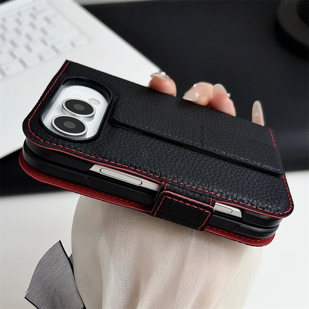 Wristband Bracket Phone Case For iPhone Duo 18 Fold Invisible Wristband Soft Card Holder Wallet Cover With Tempered Glass Case