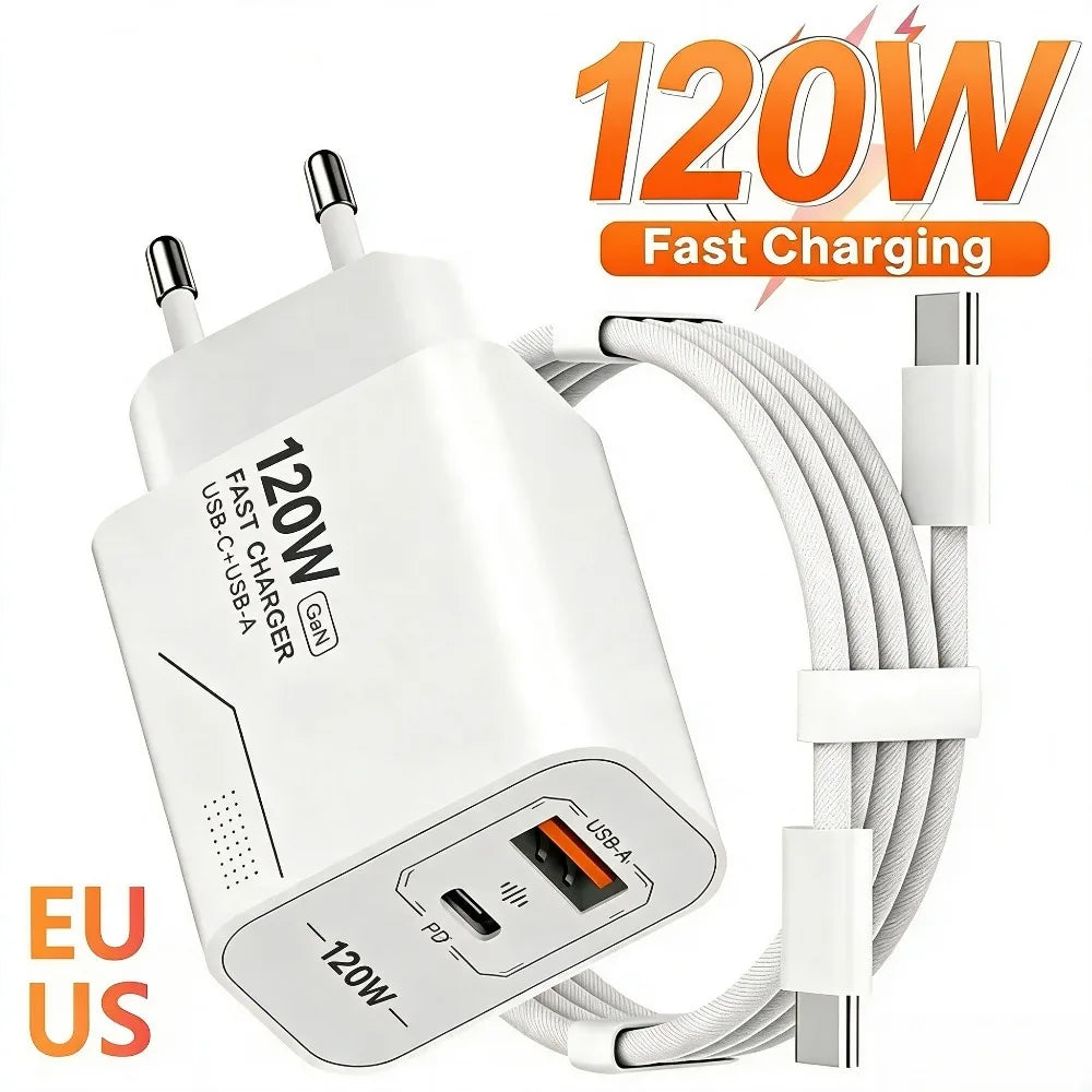 120W 2-Port GaN Type C Charger USB-C Fast Charging Wall Adapter US/EU Plug Phone Charger Compatible with iPhone Samsung Xiaomi