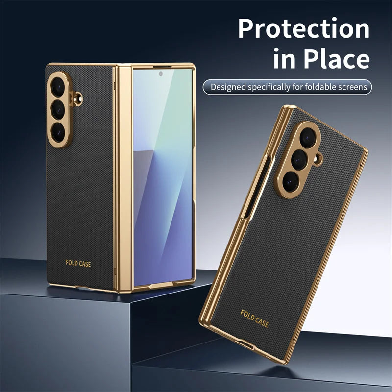 Leather Electroplated Frame Hinge Protect Case For Samsung Galaxy Z Fold 8Ultra 8 7 6 5 4 3 Screen Protect Film Shockproof Cover