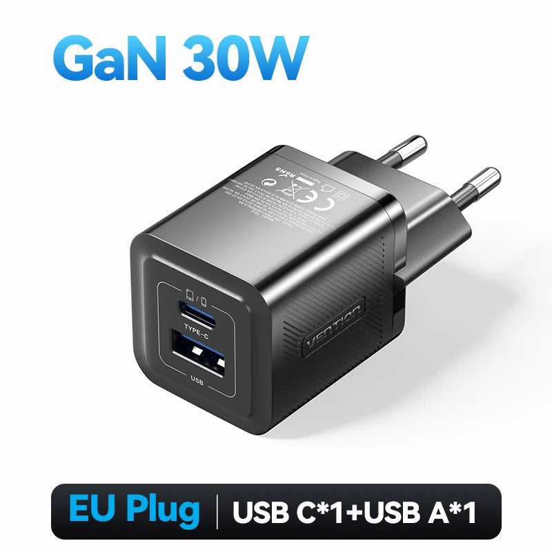 Vention GaN 30W Fast Charger for iPhone 17 16 15 14 13 PD3.0 Charger for iPad Pro Xiaomi Samsung USB Type C Mobile Phone Charger
