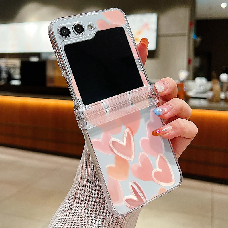 Transparent Love Flower Phone Case For Samsung Galaxy Z Flip8 Flip7 FE Flip 8 7 6 5 4 3 5G Flip5 Flip6 Shockproof Hard PC Cover