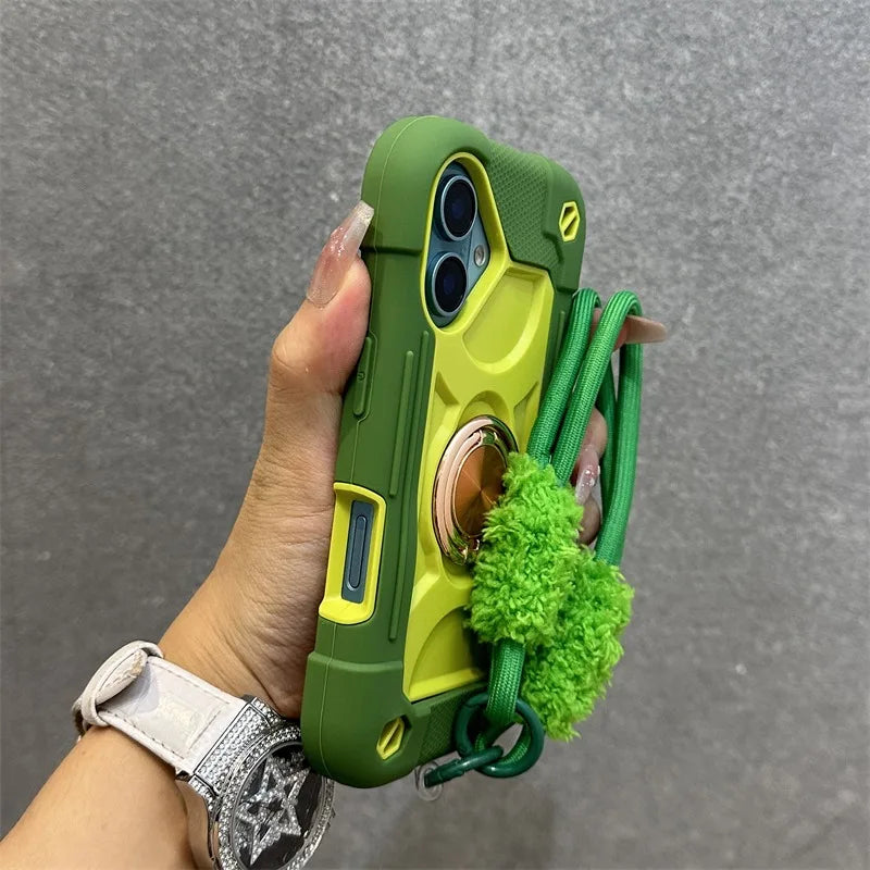 Luxury Heavy Duty Ring Holder Lanyard Case for iPhone 17 18 ProMax PC TPU Armor Cover for iPhone 11 12 13 14 15 16 Pro Max Plus