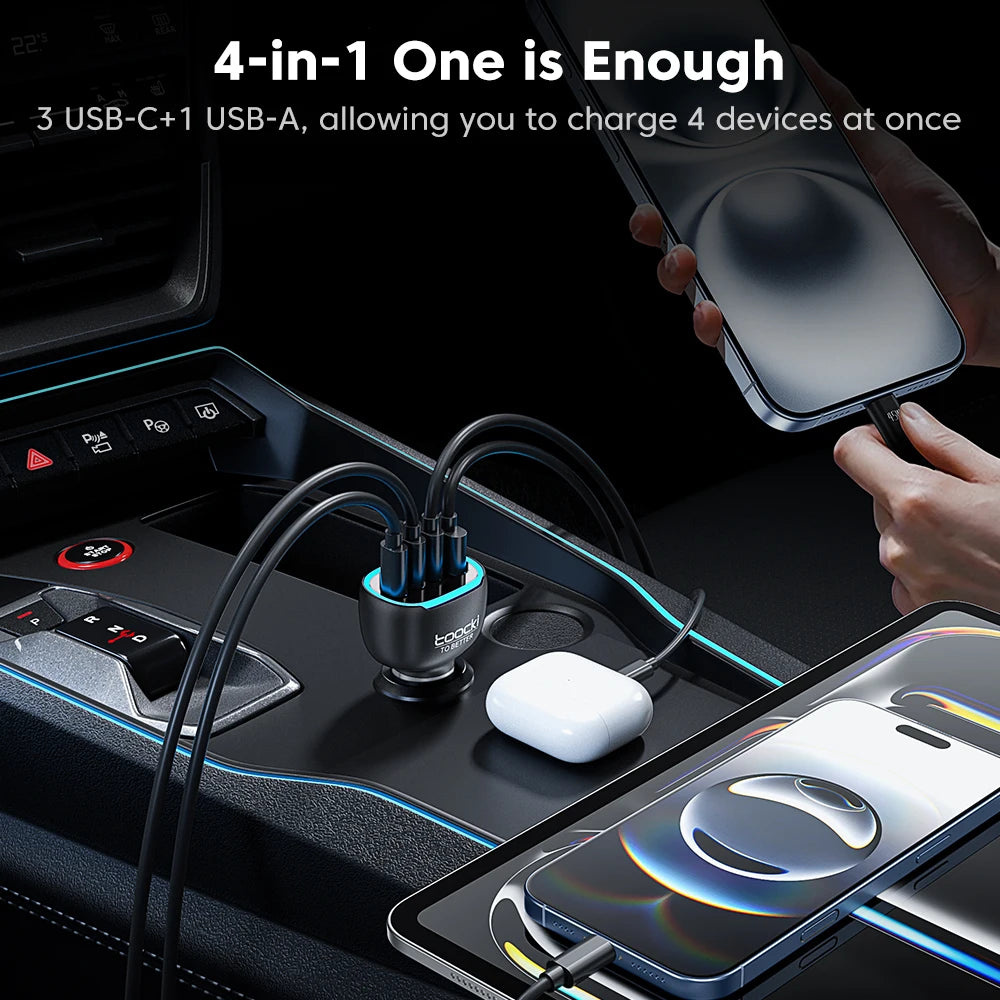 Toocki 120W Mini Car Charger Qi2.2 45W Max USB C PD PPS QC Fast Charging LED Light Zinc Alloy Phone Charger for iPhone17 Samsung