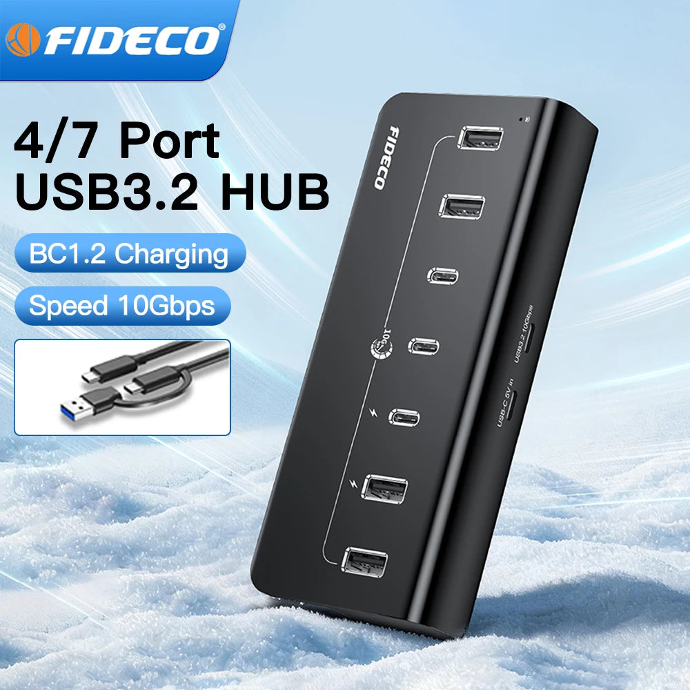 FIDECO 10Gbps USB3.2 Docking Station Hub Type C Splitter BC1.2 Charging Adapter Multi 4/7 Ports Switch For PC Laptop Accessories