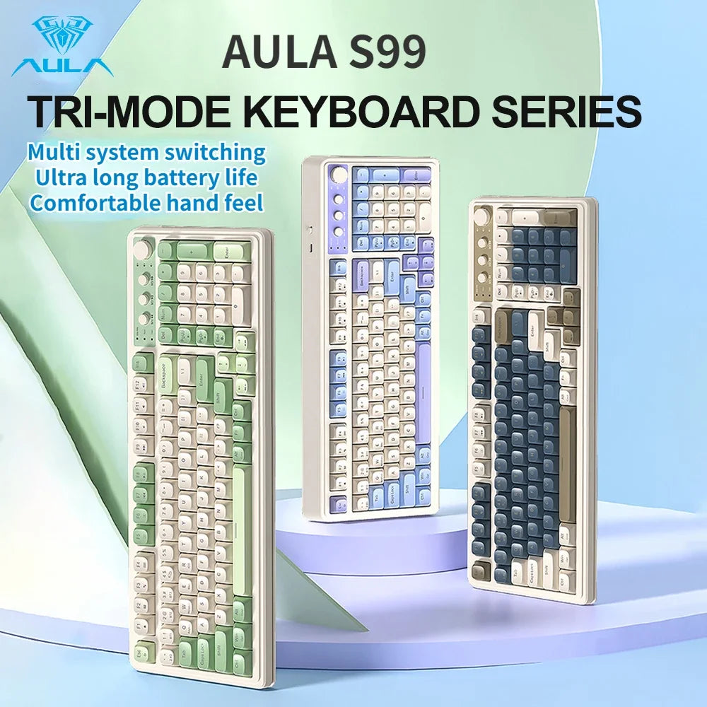 AULA S99 2.4G Wireless/ Bluetooth/Wired Three Mode Gaming Keyboard RGB Ergonomic Keyboard Office Typing Mute 99 Keys Keyboard