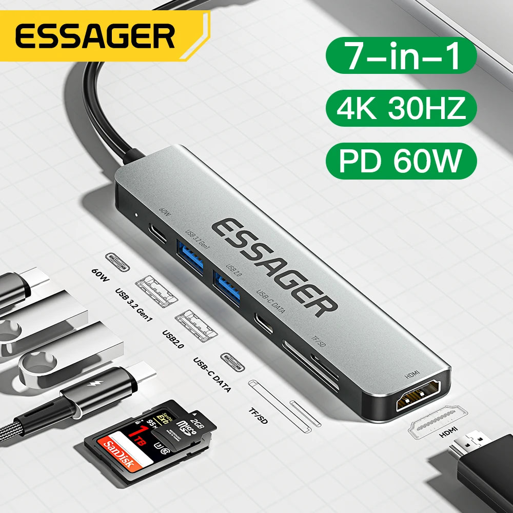 Essager 7 In 1 USB C Hub PD60W Fast Charging Splitter HDMI-Compatible High Speed Splitter 5Gbps for PC USB 3.2 Gen1 2.0 Ports