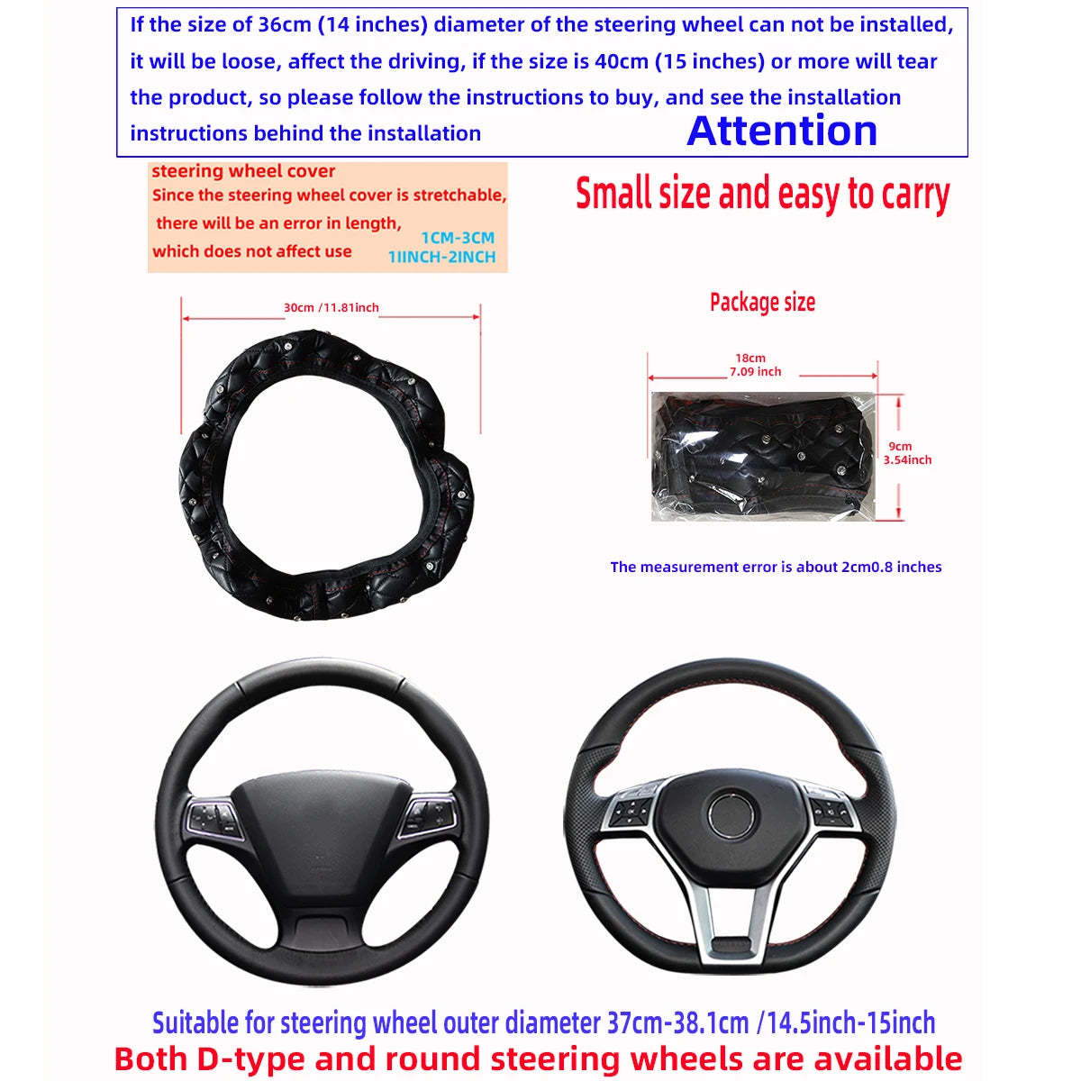 1 PU leather embroidered stereo diamond-encrusted Blingbling car steering wheel cover for 14.5-15 inch automotive supplies