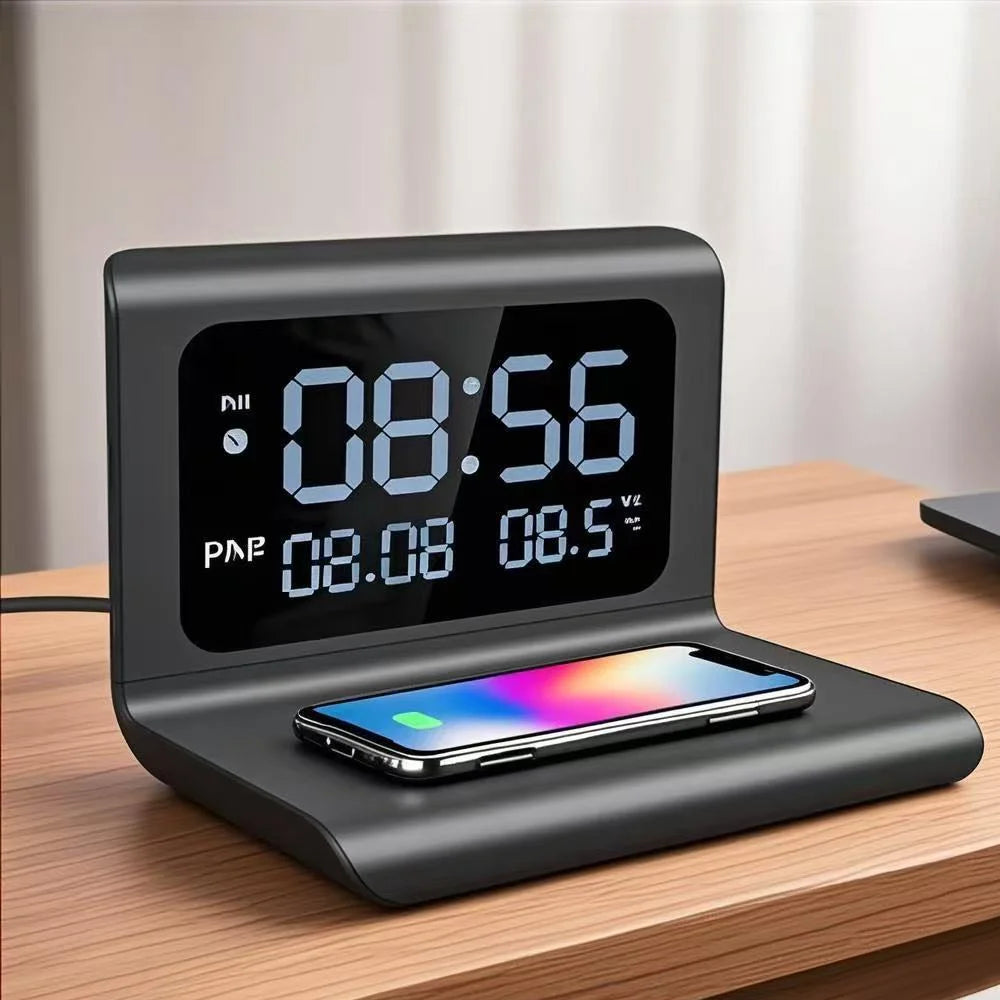 30W Wireless Charger Stand with Alarm Clock & Thermometer | Compatible with iPhone 17-11/X, SamsungS25 , Xiaomi & All Qi Phone