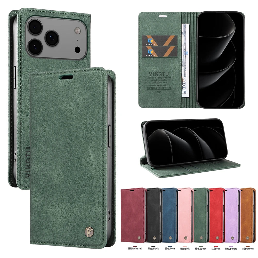 Magnetic Leather Wallet Flip Cover For Apple Iphone 17 16 16E 15 14 13 12 11 XS XR Air Plus Pro Max ProMax Mini | Premium Case