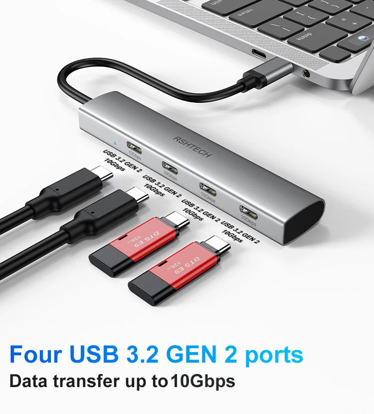 RSHTECH USB C Hub USB 3.2 Hub 10Gbps 4-Port USB-C Splitter Portable Aluminum USB Type C Adapter for MacBook Thunderbolt Laptop