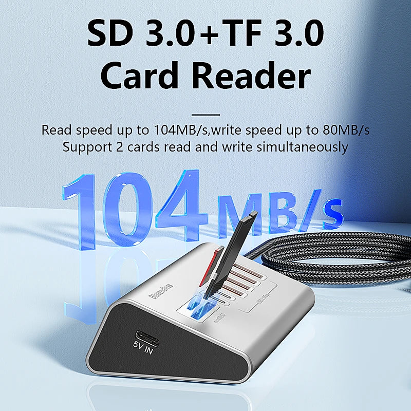 Blueendless Aluminium USB3.2 Gen2 10Gbps HUB with TF/SD Card Reader USB-C/USB A Hub 5-In-1 8 in 1 for PC Computer Laptop macbook