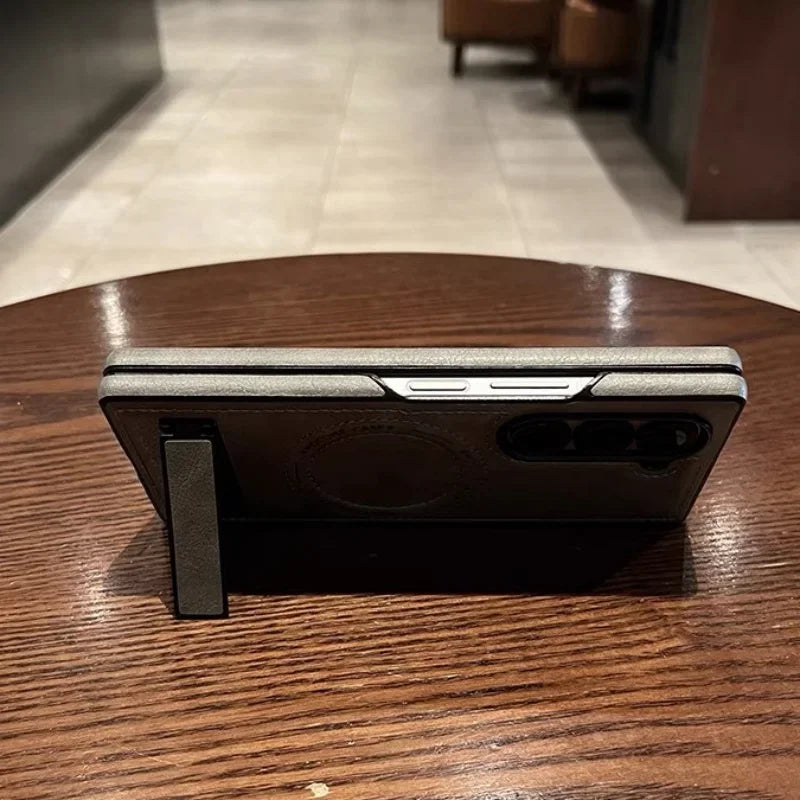 Retro Leather Hidden Tripod Phone Case For Samsung Galaxy Z Fold 7 6 5 4 3 Magnetic Wireless Charging Lens Fall Prevention Cover