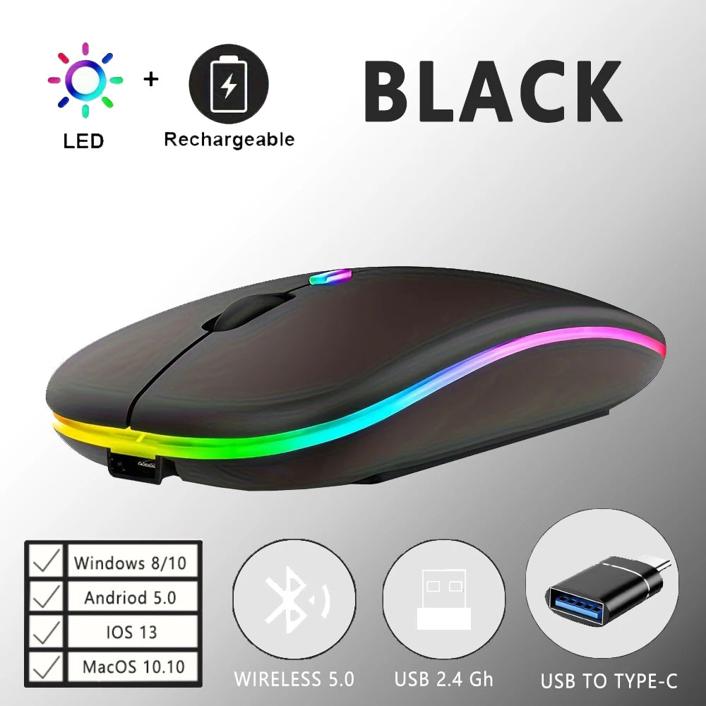 Wireless Rechargeable Mouse With LED Backlight Bluetooth With Type-C Adapter Gaming Mouse Suitable For MAC/Laptop/PC/Windows