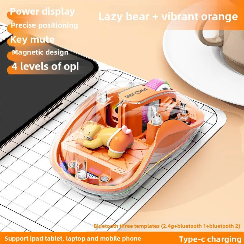 Wireless Bluetooth Tri-Mode Transparent Gaming Mouse with RGB Light, Ergonomic Design, Rechargeable & Magnetic Doll Accessory