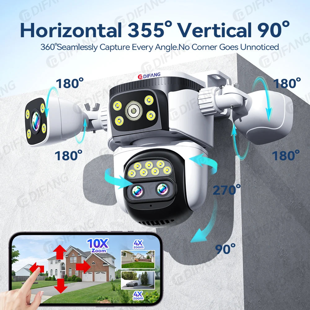 20MP 10X Optical Zoom WiFi6 Outdoor Security Cam Four Lens Three Screens Auto Tracking 6K Dual Len Waterproof WiFi CCTV Cam 10K