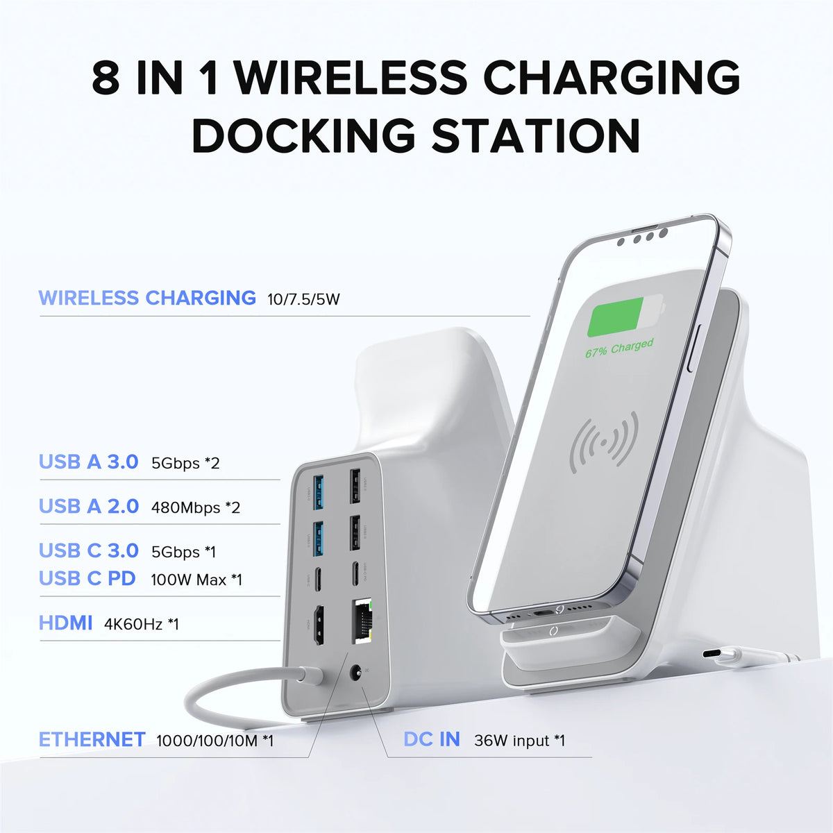 PULWTOP 8-IN-1 Laptop Docking Station, 10W Max Wireless Charging Pad, 4K@60Hz HDMI Display ,5 USB Ports PD100W RJ45, 36W DC