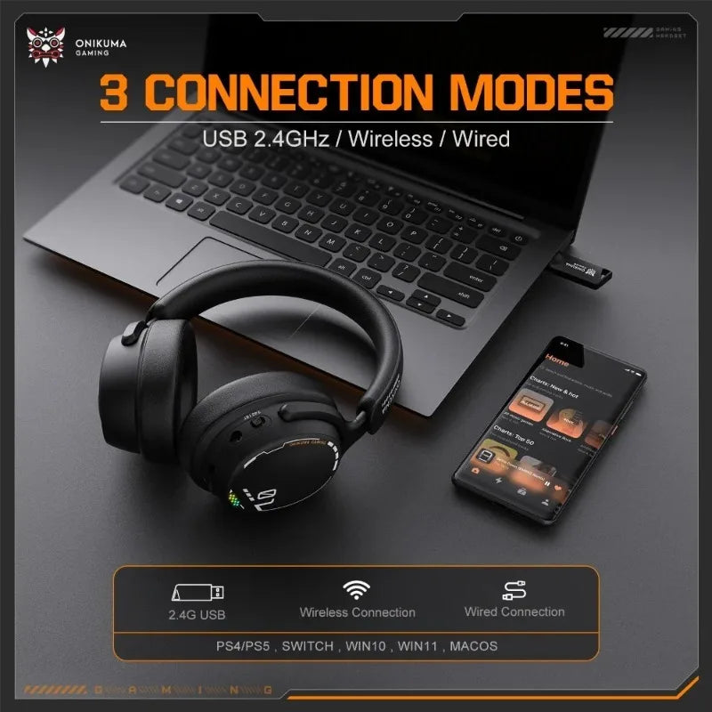ONIKUMA GT886 Gaming Headset Tri Mode Bluetooth 2.4G Wireless Wired Low Latency Detachable Mic 60H Playtime For PC PS5 Switch