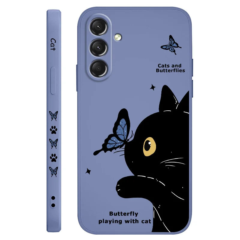 Cat Butterfly Phone Case For Samsung Galaxy S25 S24 S23 S22 S21 S20 S10 Ultra Plus FE Note 20 Ultra 10 Plus Cover