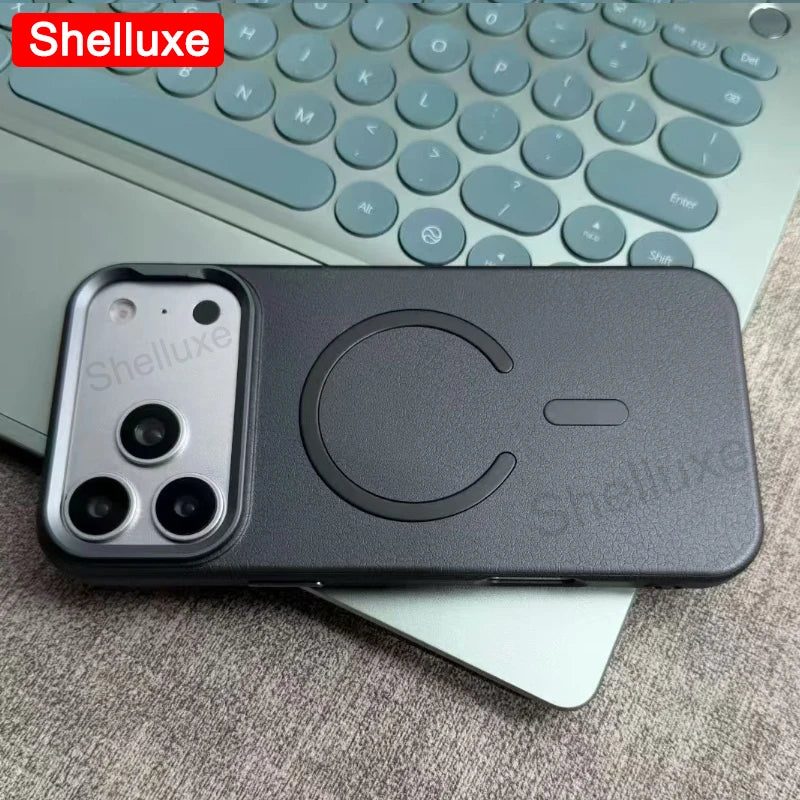 For IPhone17 Pro Max Leather Magnetic Phone Case Shelluxe For iPhone 17 Air 16 15 14 13 12 Pro Max Cases Lens Metal-Frame Cover