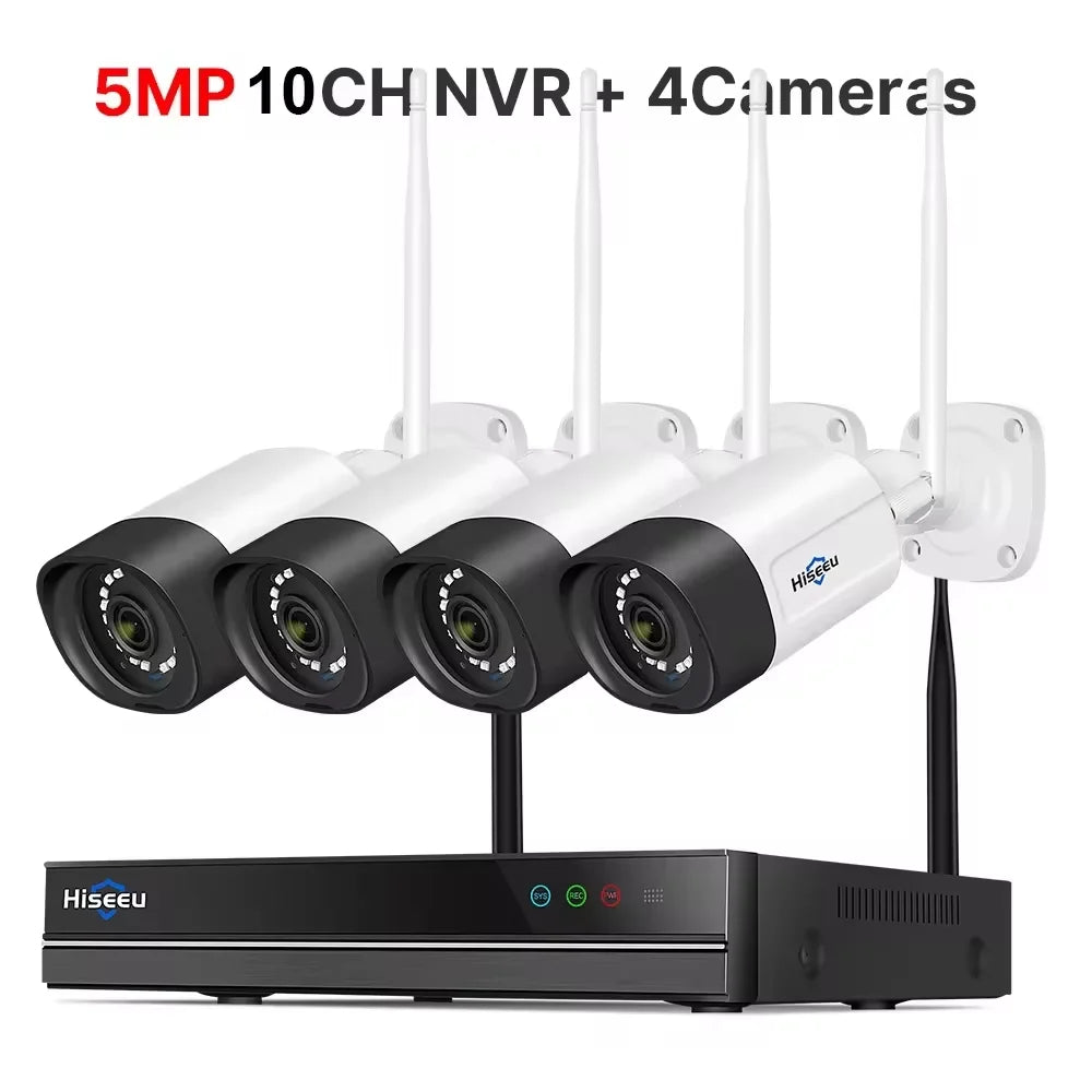 Hiseeu 5MP Wifi Surveillance Camera System Color Night Vision P2P Wireless Street Security CCTV Camera Kit 10CH Wireless NVR Set