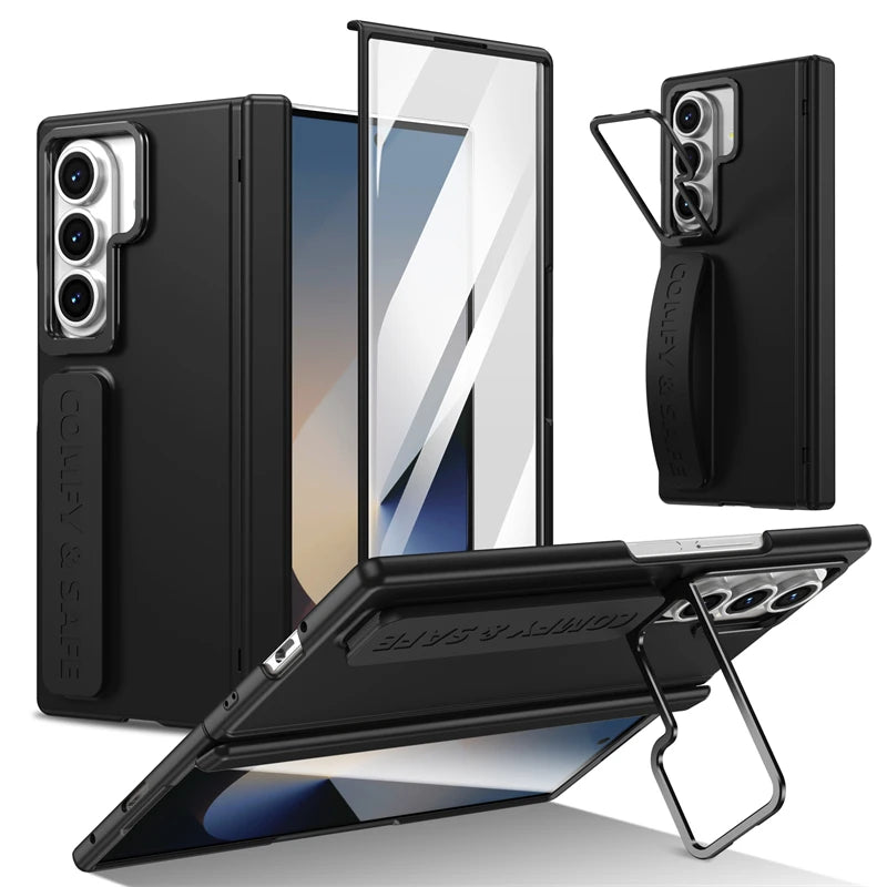 For Samsung Galaxy Z Fold 7 6 5 4 3 Wristband Hinge Lens Holder Phone Case Outer Screen Glass Film Protection Shockproof Cover