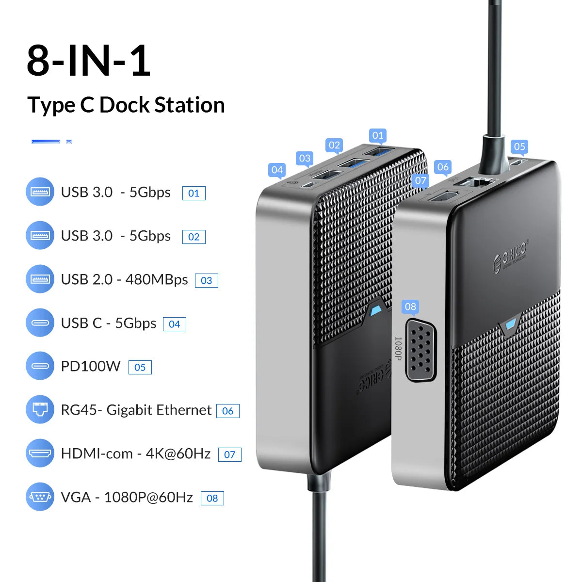 ORICO Type C Docking Station USB 3.0 HUB 4K60Hz HDMI-compatible RJ45 PD Adapter for Macbook iPad Air M1 PC Accessories Splitter