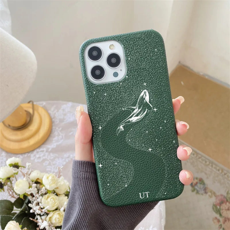 Personalised Letters Pebble Grain Leather Stars Whale Casesfor iphone 17 12 14 13 15 16 Pro Max 17 air 14Plus Luxury Hard Covers