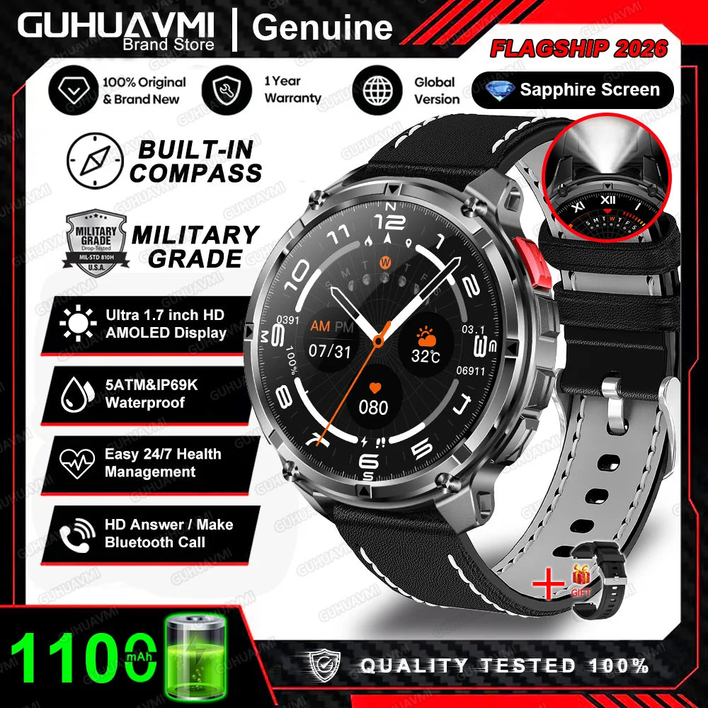 2026 New 1100mah AMOLED Smart Watch Men 170+Sport Fitness LED Flashlight IP69 Waterproof Bluetooth call GPS track Smartwatch iOS