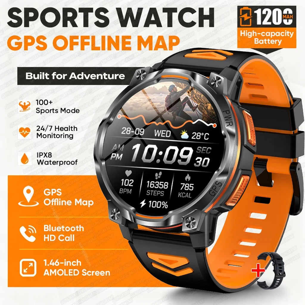 1200mAh Massive Power Outdoor GPS Smart Watch Offline Map 1.43“ HD Screen IPX8 Waterproof Compass Military 107+Sports Watch Men