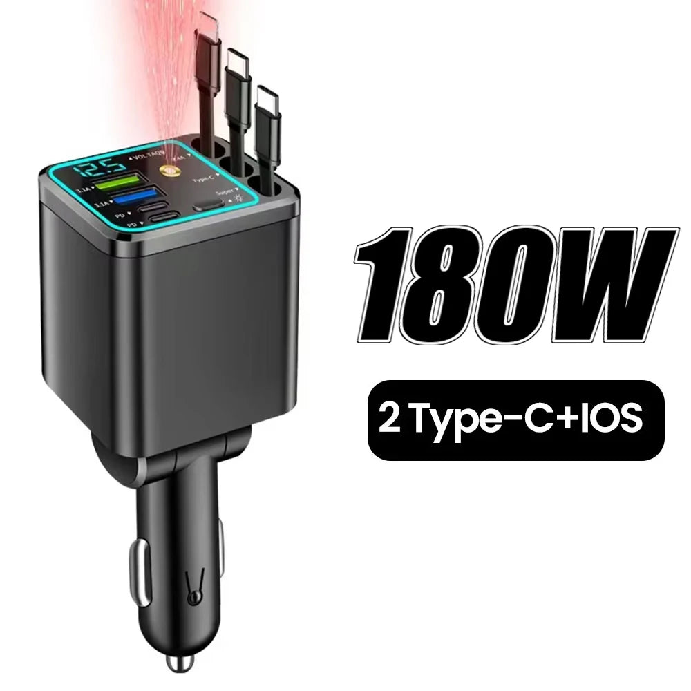 KEBIDUMEI 180W Car Charger PD30W USB 3.1A Phone Charger Digital Display Fast Charging Retractable Cable Adapter Auto Accessories
