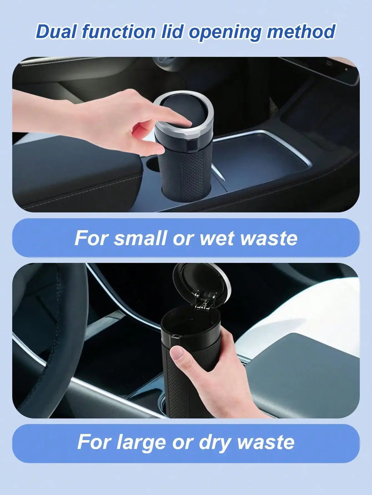 Portable Car Trash Can – Dual-Lid Design, Press & Button Open Modes, Leak-Proof, Removable Inner Liner, For Wet & Dry Waste