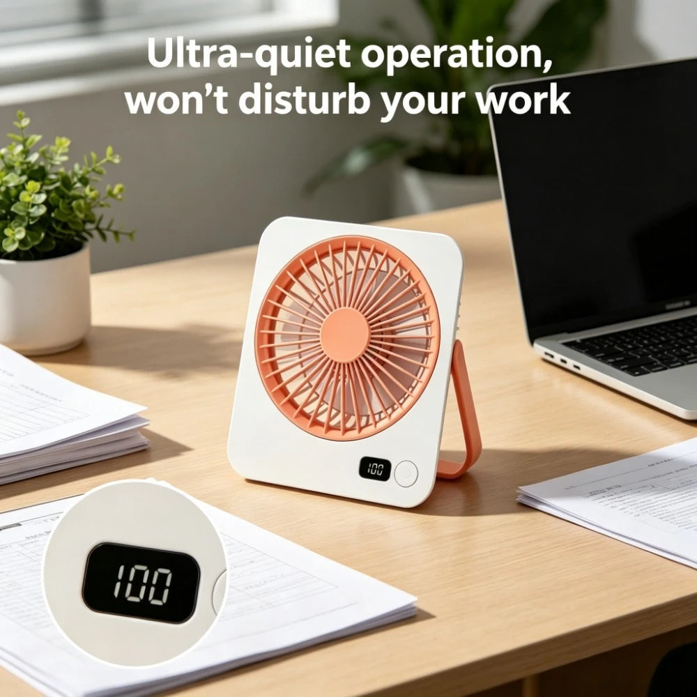 1pc Rechargeable USB Mini Desktop Fan, Power Display, 5-Speed Ultra Quiet Personal Cooling Fan, Foldable Handle Portable Fan, Suitable for Office, Home, Bedroom, Travel, Camping