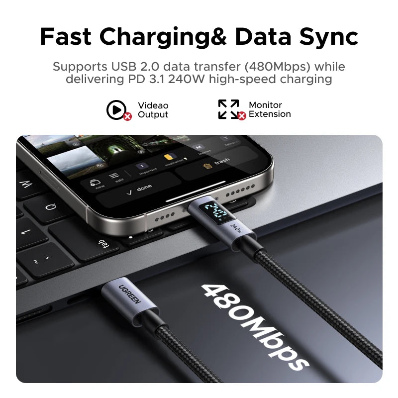 UGREEN Type-C Charging Cable PD3.1 240W Digital Display Screen USB-C Cord for Laptop MacBook HP iPhone 17 16 Samsung S25 Xiaomi