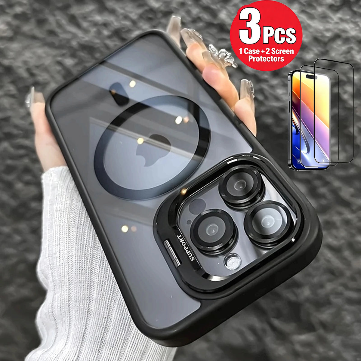 3 Pieces Set: 1 Magnetic Wireless Charging Compatible Case with Foldable Camera Bracket, Shockproof + 2 HD Anti-fingerprint Anti-scratch Tempered Glass Screen Protectors for iPhone 17 16 15 14 13 12 11 Pro Max, Ideal Mobile P