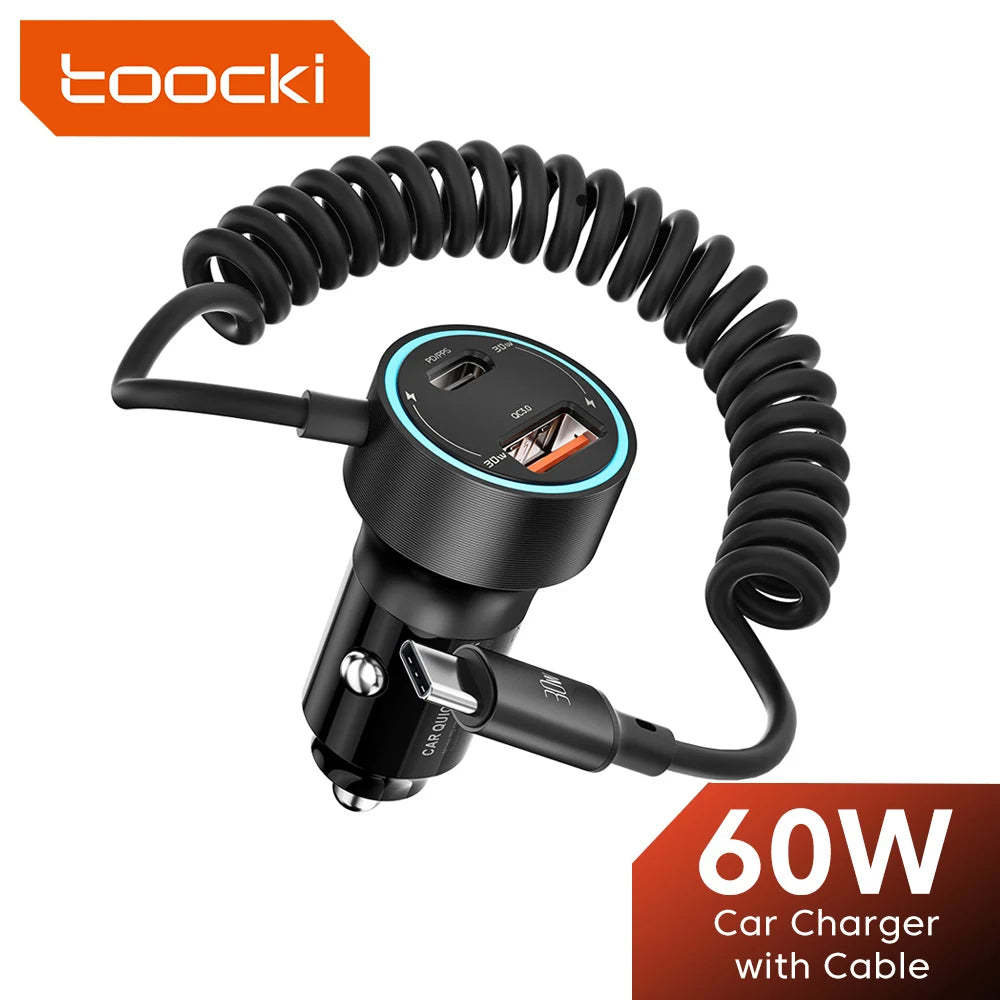 Toocki 60W USB Car Charger for Xiaomi Samsung LED Light PD QC3.0 Type C Fast Charging Charger with USB C Cable for iPhone 15 Pro