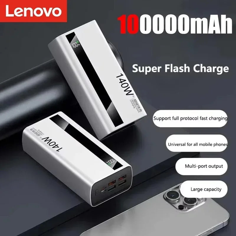 Lenovo CCC 500000mAh 140W Powerbank Super Fast Charging Portable Battery Charger Ultra Capacity LED Digital Display 2027NEW