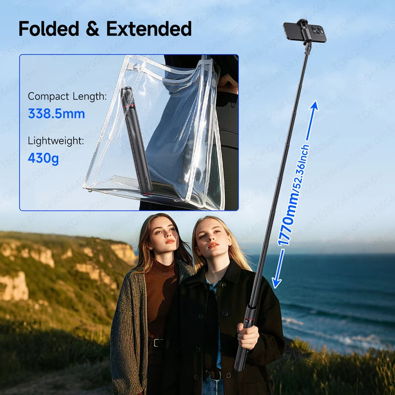 TOKQI TT01 Auto Pop Up Selfie Stick Tripod Hidden Phone Clip Expandable 52.36" for Mobile Phone with Bluetooth Magnetic Remote