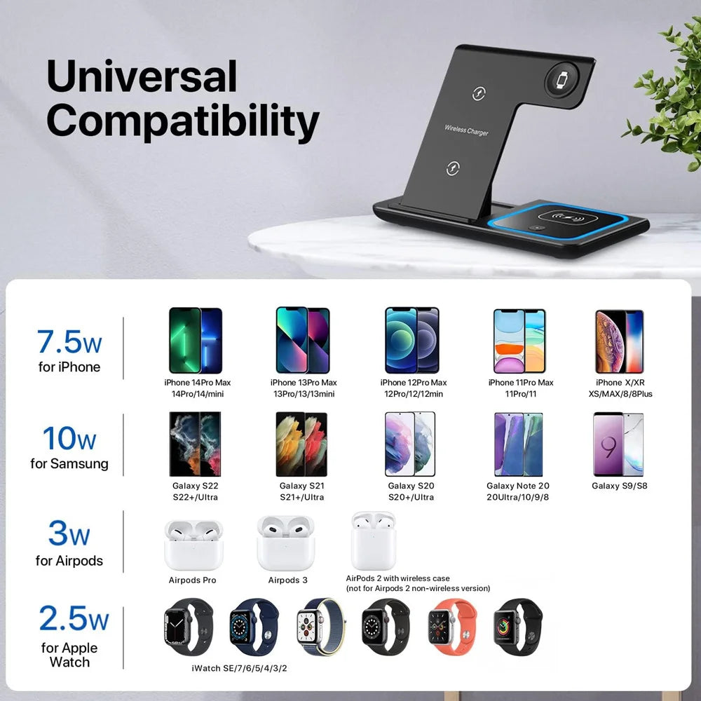 LED Fast Wireless Charger Stand 3 in 1 Foldable Charging Station For iPhone 17/16/15/14 Apple Watch 9 8 7 6 5 Airpods Pro