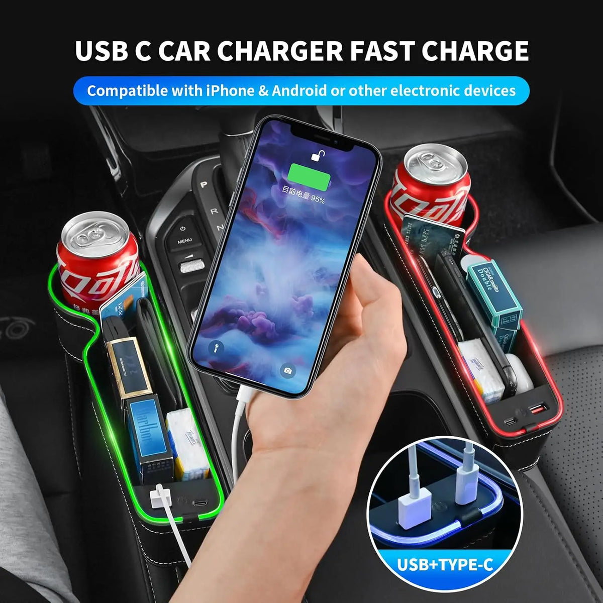 7 Color Led Car Seat Gap Filler Organizer Car Seat Pocket Gap Filler, Car Gap Organizer Storage Console Side Seat Gap Filler