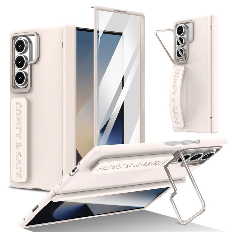 For Samsung Galaxy Z Fold 7 6 5 4 3 Wristband Hinge Lens Holder Phone Case Outer Screen Glass Film Protection Shockproof Cover