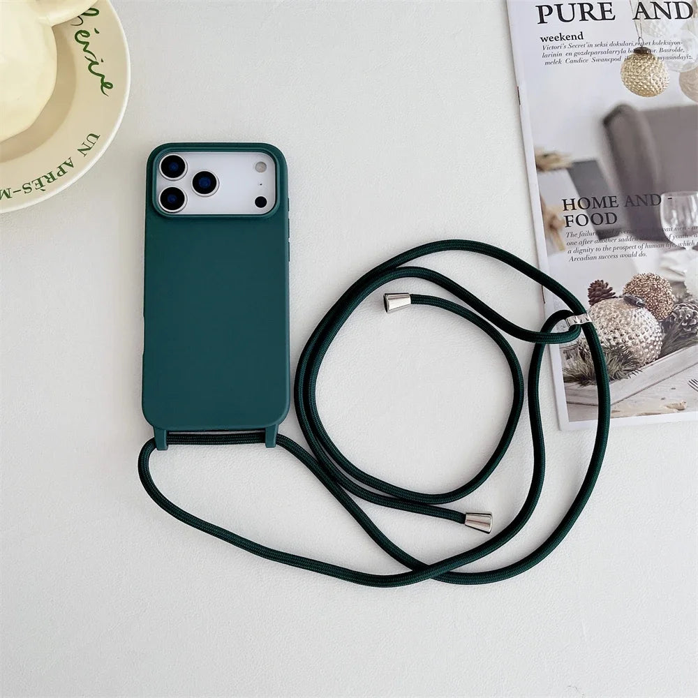 Crossbody Lanyard Cord Liquid Silicone Soft Phone Case for Apple IPhone 17 Air 16 15 14 Plus 13 Pro Max Matte Strap Candy Cover