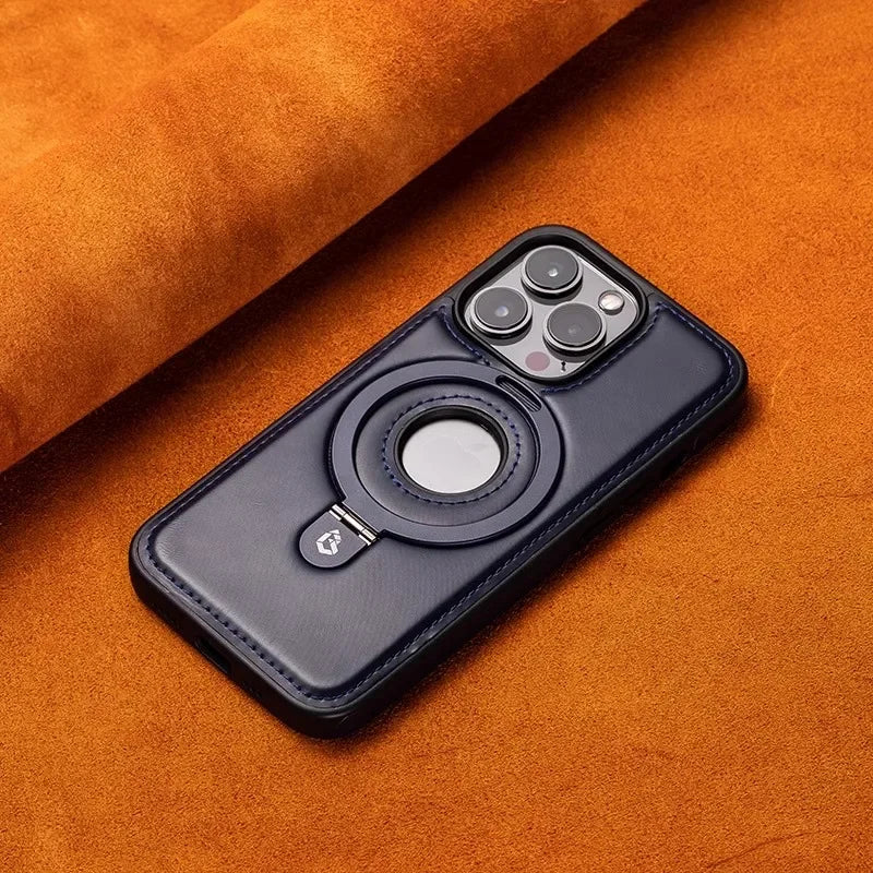 Luxury Leather Magnetic Ring Holder Case For iPhone 16 Pro Max 15 14 Plus 13 12 For Magsafe Hollow Logo Bracket Business Cover