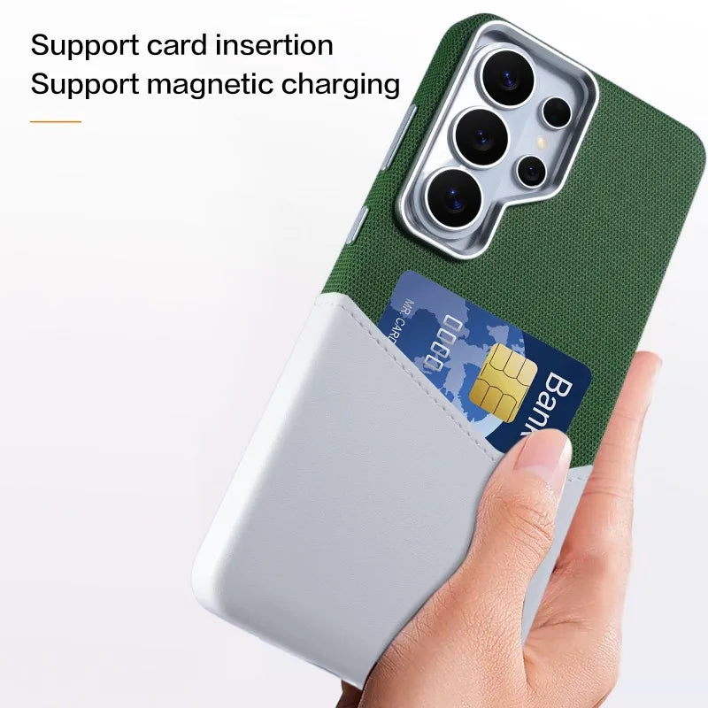 Card Slot Holder Linen Leather MagSafe Phone Case For Samsung S26Ultra S25Ultra S24U Magnetic Wireless Charging Shockproof Cover