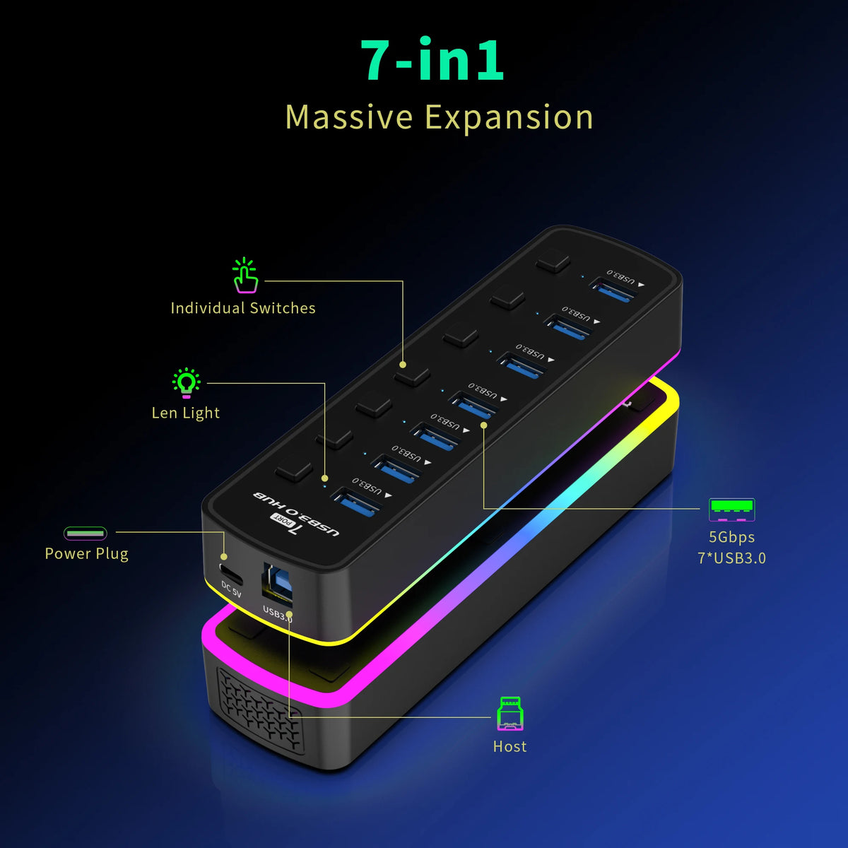 USB 3.0 Hub 4 Ports 7 Ports USB 3.0 Data Port Adapter 5Gbps High Speed Individual On/Off Switch Splitter USB Extension
