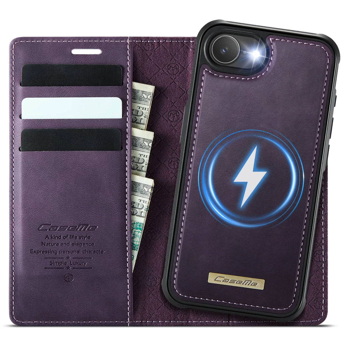 For iPhone 17e 2-in-1 Magnetic Detachable Wallet Case MagSafe Compatible RFID Blocking PU Leather Card Holder Kickstand Case